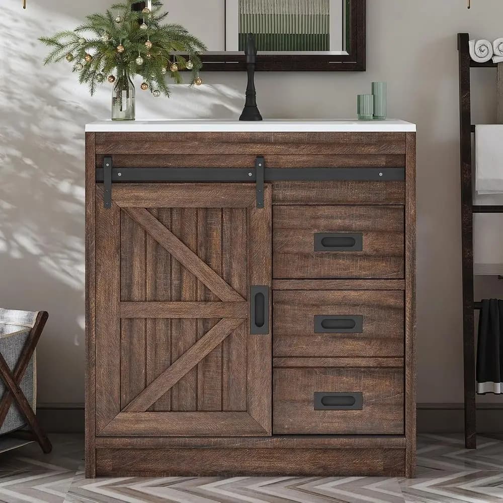 Mobile da Bagno con Porta Scorrevole in Legno di Recupero, Lavabo, Cassetti e Maniglie in Metallo