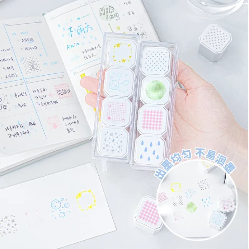 Kawaii 4-in-1 Handaccount Stamp Set Pre-inked Background Pattern DIY Scrapbooking Diary Decoration Student Gift