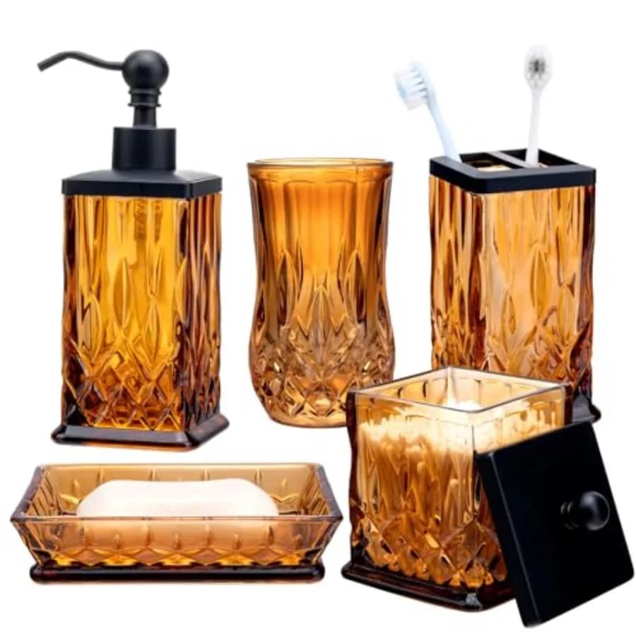 Set di Accessori per il Bagno, 5 Pezzi in Vetro Ambrato, Set Completo con Dispenser per Sapone Liquido, Portaspazzolini, Portasapone