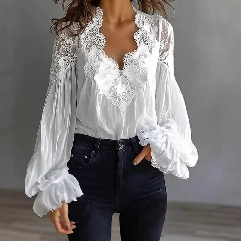 Camicette da Donna Top Vintage con Scollo a V e Maniche a Sbuffo, Top Sexy in Pizzo Stile Y2K Streetwear, Camicie Casual Eleganti con Inserti, Primavera 2026