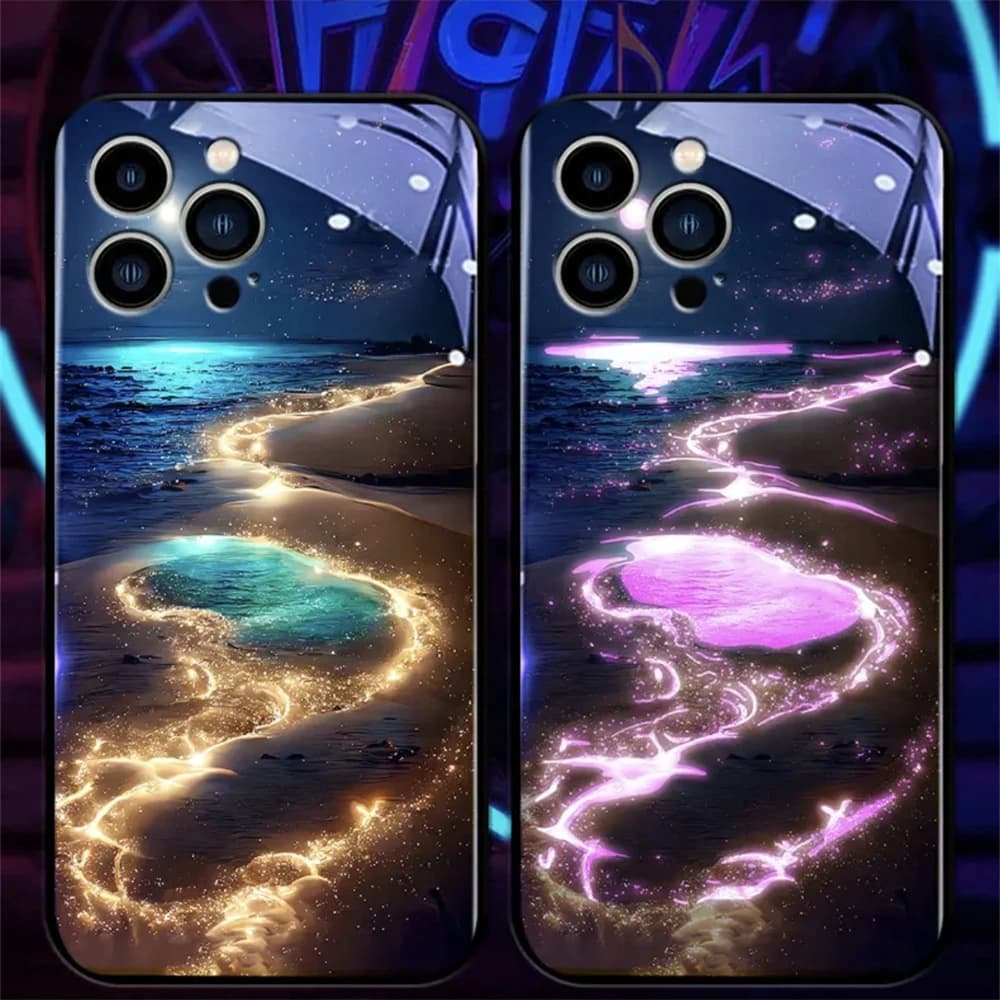 Lucky Beach Moon Sea Smart LED Light Glow Tempered Glass Phone Case For iPhone Air 17 16 15 14 13 12 11 Pro Max Plus