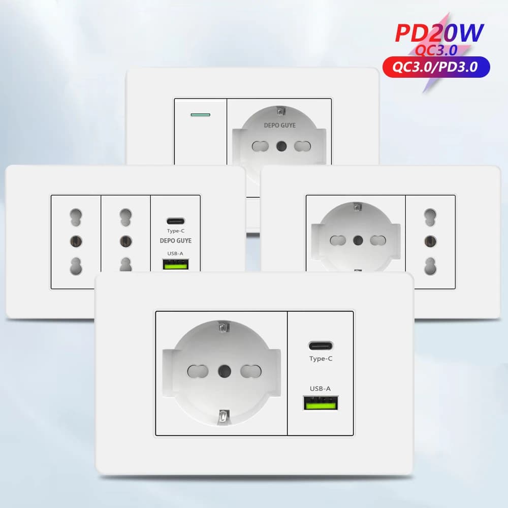 White Italy Chile USB Smart Type-c 20W Fast charging wall current plastic Chile Schuko Double USB plug TV TEL Computer