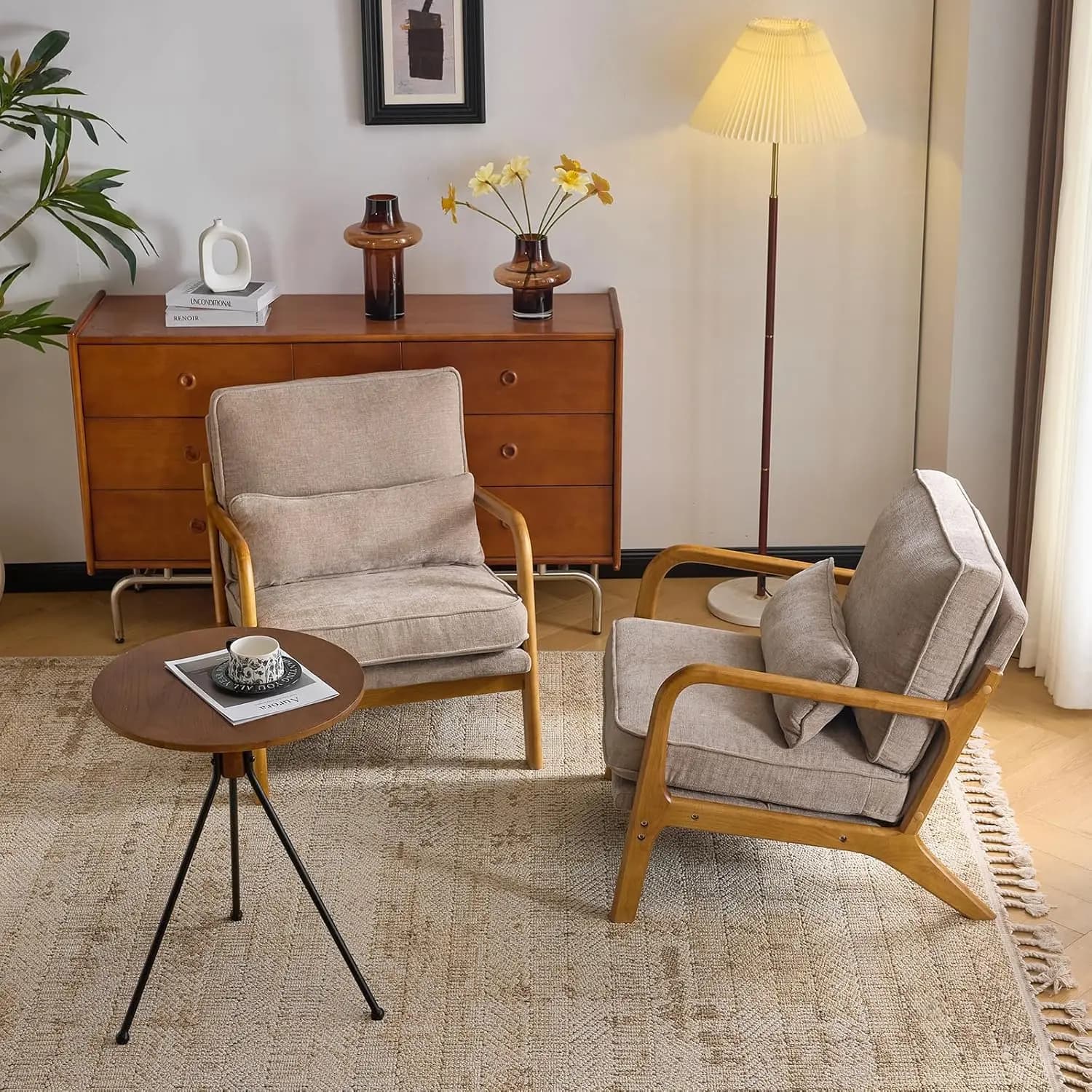 Set di 2 Poltrone Moderne in Stile Mid-Century in Ciniglia, Graziose Poltrone da Lettura con Cuscino, Supporto Lombare e Legno Massello, Personalizzabili