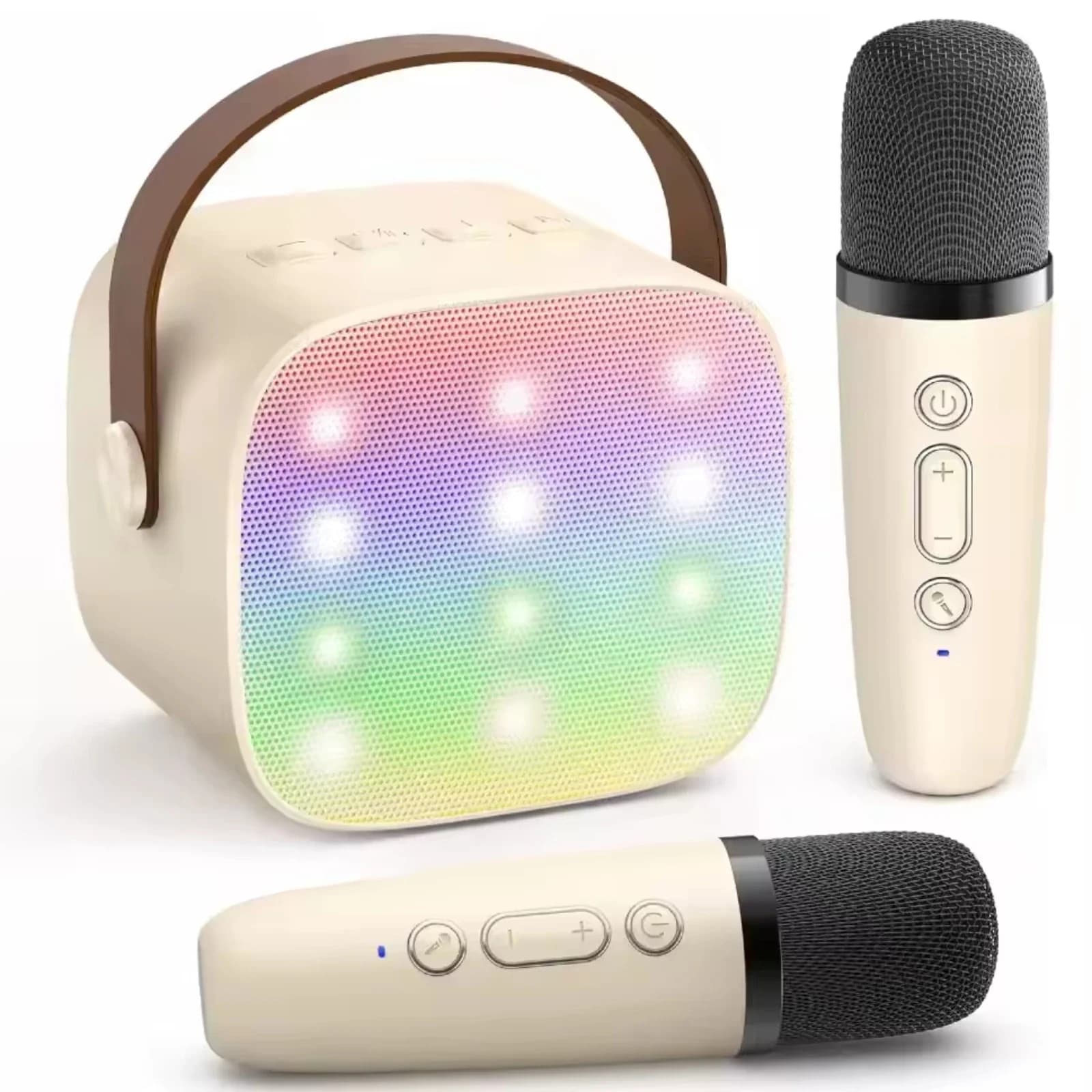 Altoparlante Bluetooth portatile con 2 microfoni wireless, effetti vocali magici e luci da festa a LED - Mini macchina per karaoke per bambini adulti
