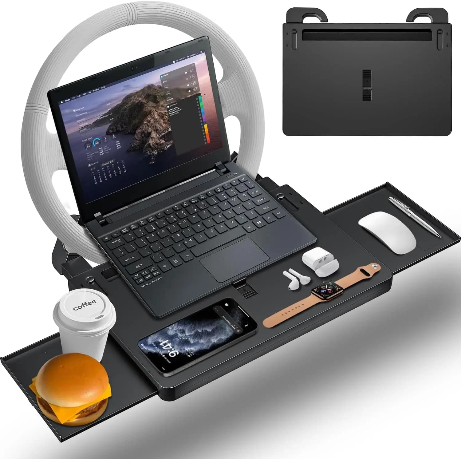 Supporto Universale Pieghevole per Volante Auto, Vassoio per Cibo, Supporto per Laptop, Portabicchieri Regolabile, Supporto per Computer