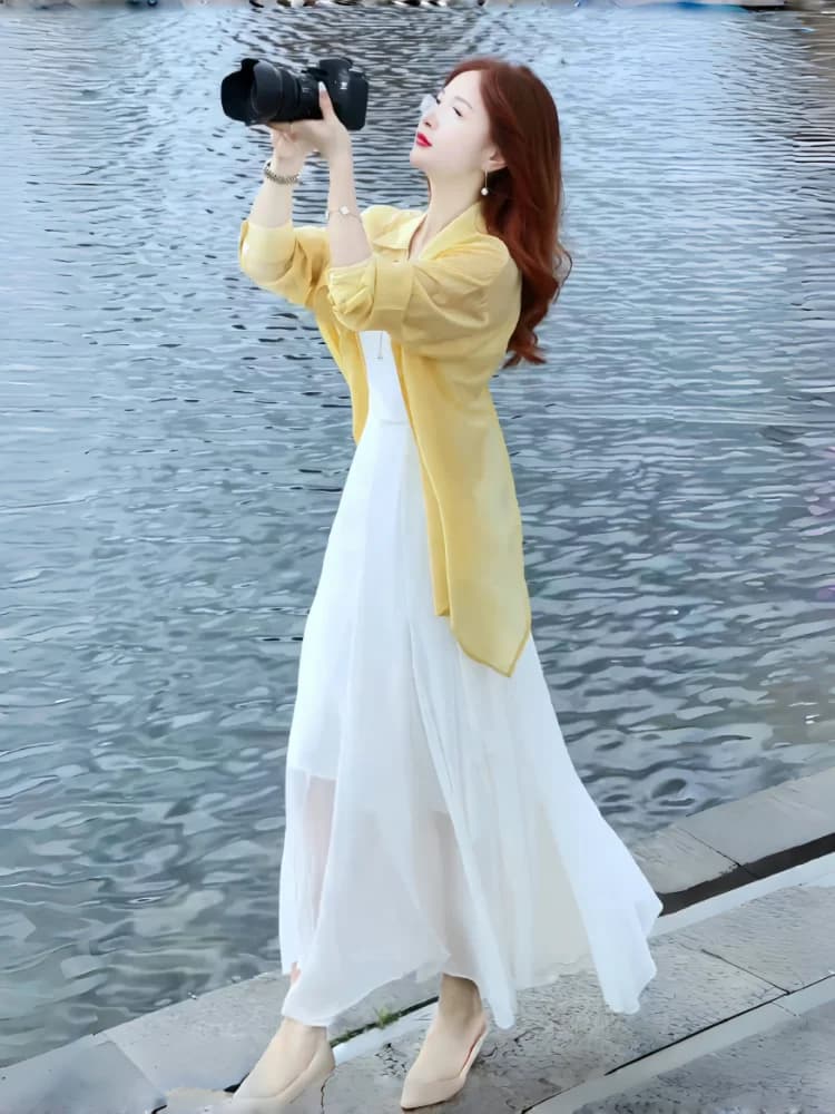 Fashionable Light Maturity Style Women's Dress Lightweight Sunscreen Shirt Summer New Trendy Over-Knee Strap Long Skirt Set