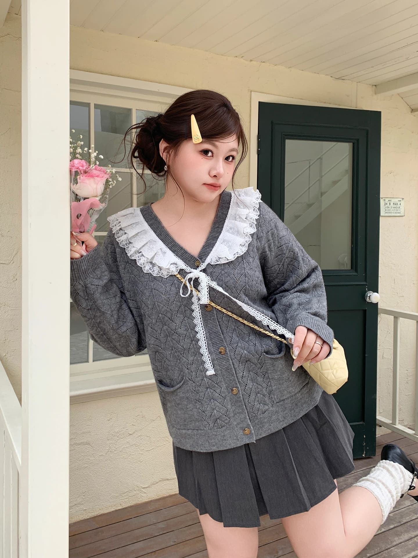 YUZI Sweet Style Knitted Open Cardigan Loose V-Neck Doll Collar Lace Trim plus Size Women's Fashion Princess Fit Winter Coat
