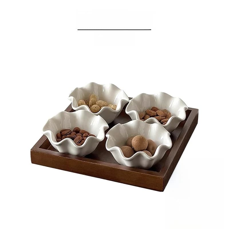 Vassoio in Ceramica Stile Cinese per Frutta, Caramelle e Frutta Secca, con Base in Legno, Design Separatore Vietri Mare, Articolo da Cucina