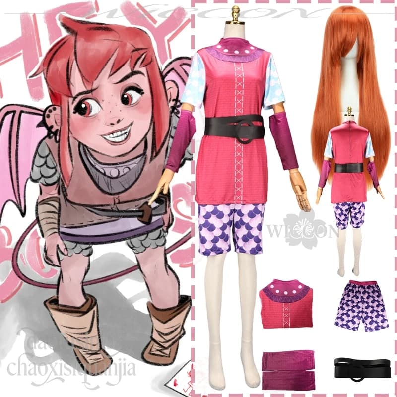 Abbigliamento medievale punk Costume per spettacoli teatrali Abito rosa Cintura Parrucche Natale Festa di Halloween Gioco di ruolo Cosplay Anime Nimona
