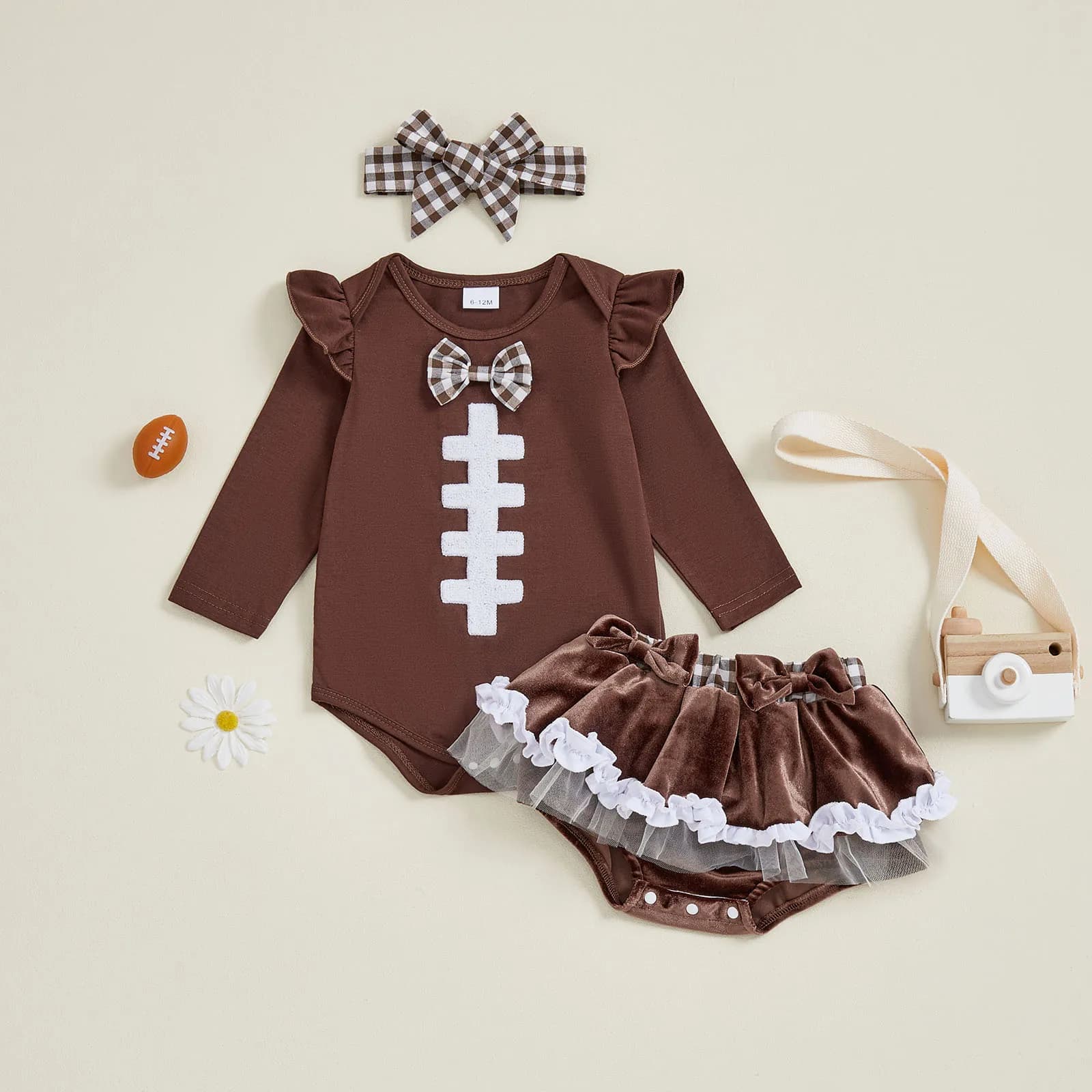 Set 3 Pezzi per Bambina con Ricamo Calcio: Tutina Casual Autunno/Inverno a Maniche Lunghe, Gonna in Velluto e Fascia con Fiocco