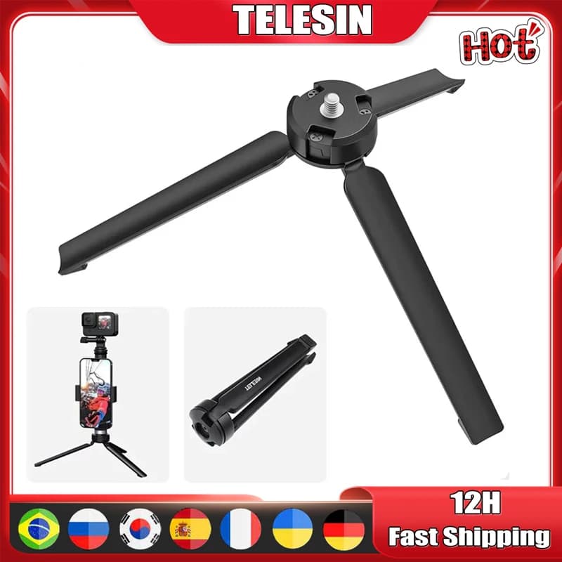 TELESIN folding aluminum alloy tripod with 1/4 screw wrist strap for GoPro Hero camera 13 12 11 10 Insta360 X5 DJI Action 4 5