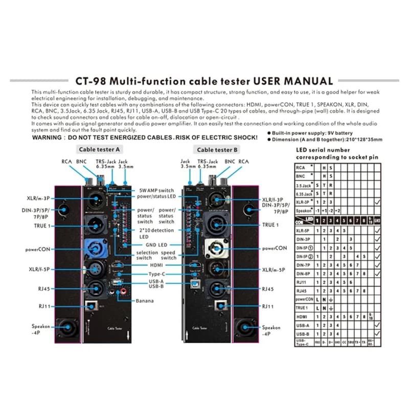 DT21 CT-98 Separate 16-in-1 Audio Cable Tester - XLR TRS RCA BNC USB RJ45 SPEAKON Tester, Multi-Function Line Meter for Sound
