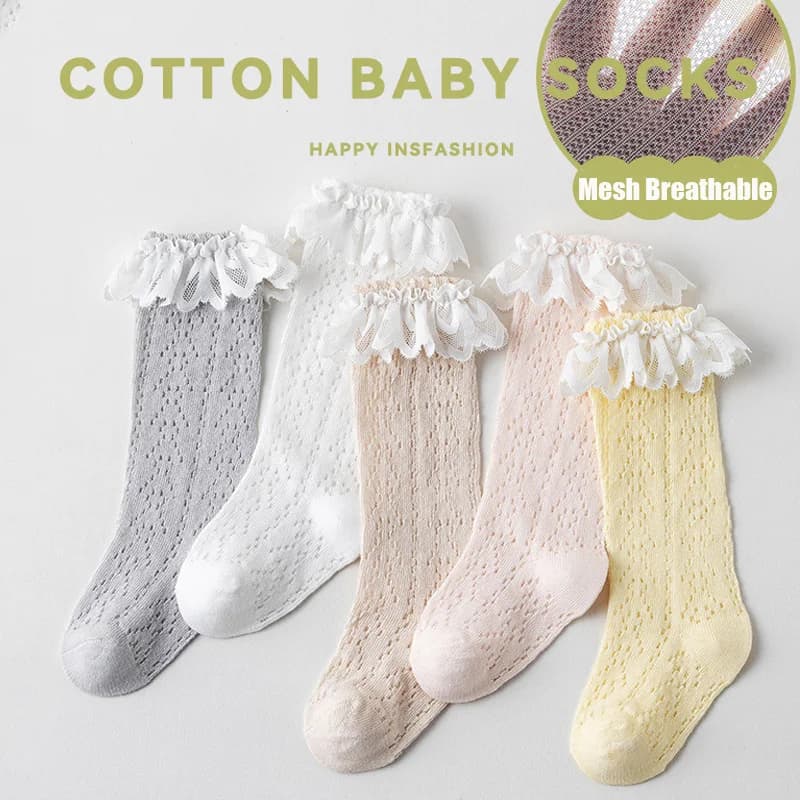 2 paia di calzini estivi traspiranti per bambini in cotone ultra morbido con volant anti-zanzara calzino alto al ginocchio per regalo per ragazze