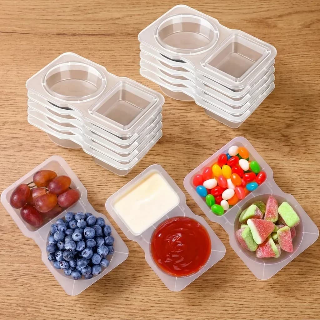 2-compartment Disposable Clear Plastic Snack Containers, Dual-grid Portion Trays for Fruits, Dips, Candies and On-the-go Food Packing