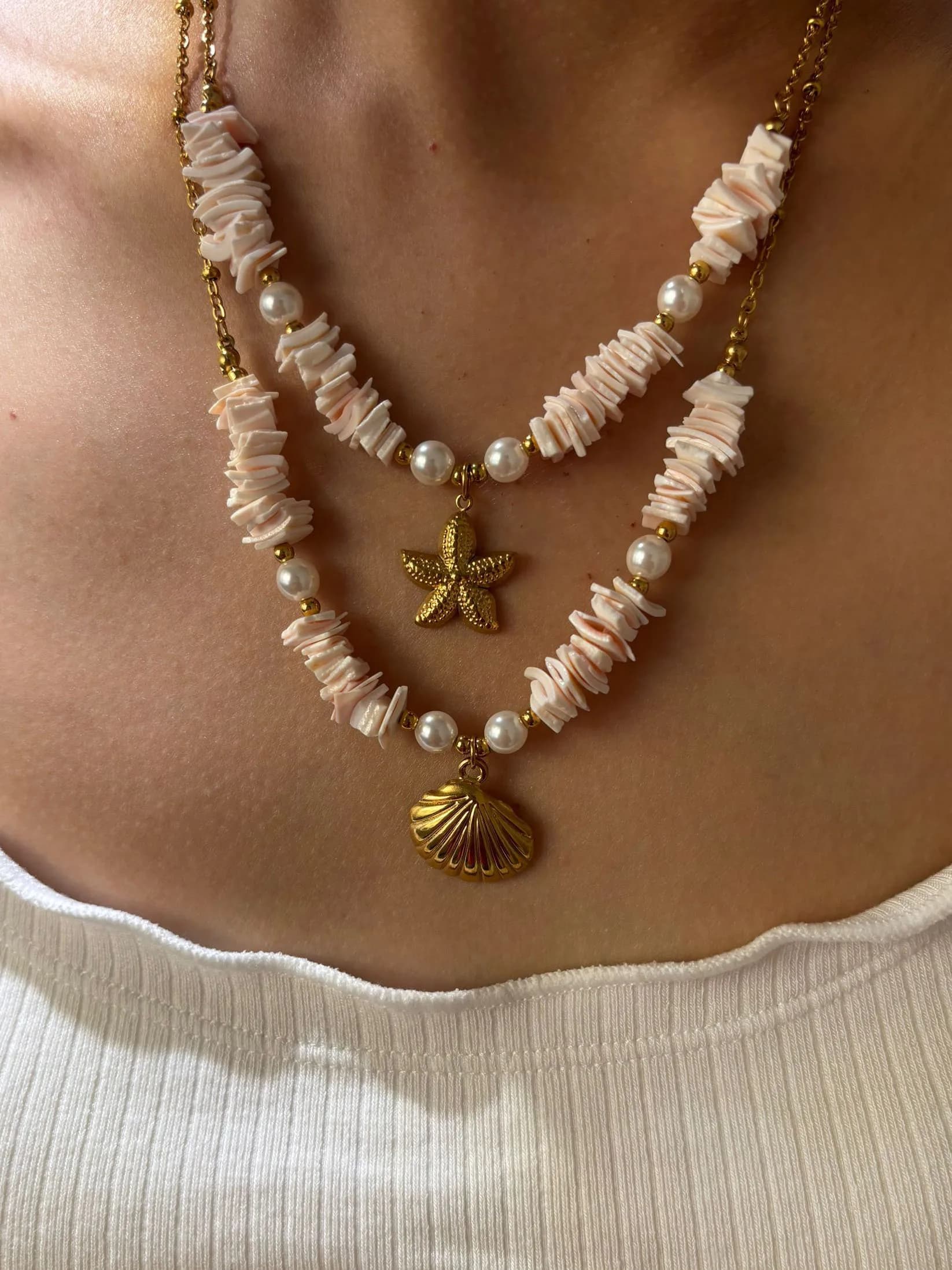 Boho Double Layer Shell Chip Pearl Necklace Gold Starfish Seashell Pendant Choker Women Beach Vacation Jewelry
