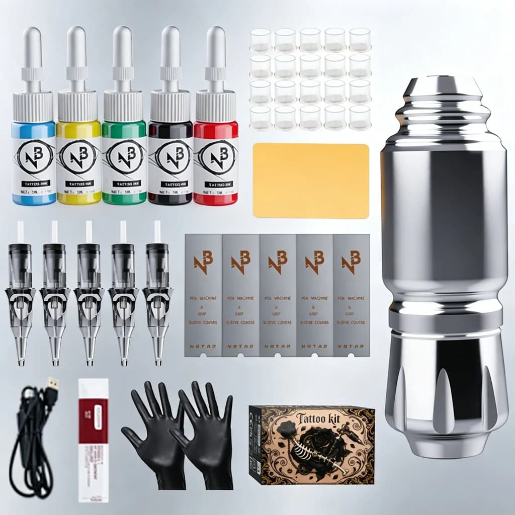 Wireless Rotary Tattoo Pen Machine Kit 1100Mah Integrated Power All in One Complete Tattoo Supplies Mixed Cartridge Needles Multicolor Tattoo Ink Practical Tattoo Tool Set for Beginners Professional Tattoo Practitioners