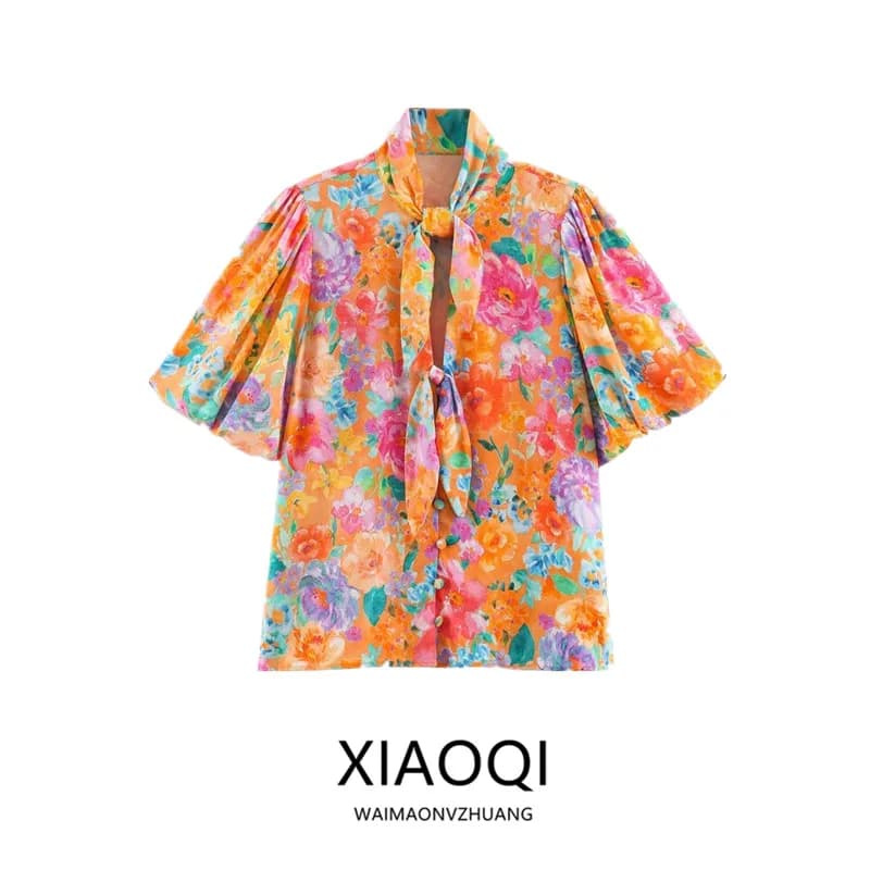Summer 2026 New Women's Short Sleeve Stand Collar Knot Floral Print Shirt Loose Fit European Style Casual Blouse