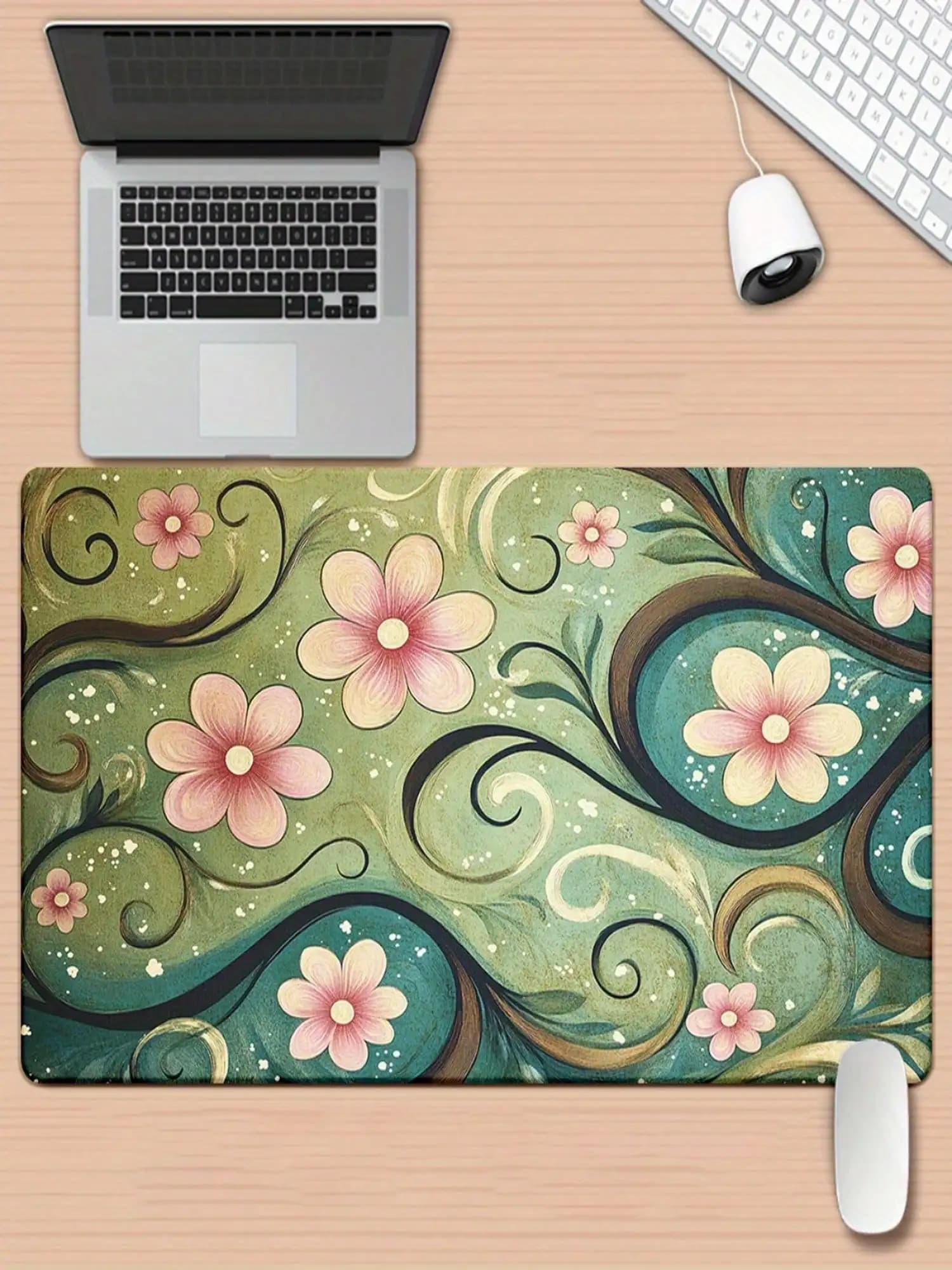 One XXL Green Swirling Floral Mouse Pad, Featuring Pink Flowers And A Turquoise Background With A Non-Slip Rubber Base. This Large-Sized Desk Mat Is Suitable For Gaming And Office Decoration. Multi-Functional Computer Accessory With A Practical Design.