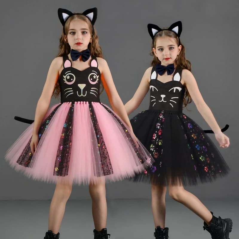 Lovely Animal Character Costume Halloween Gonna Inflatable Girl Cool Cosplay Dress for Kids Black Cat Gonna