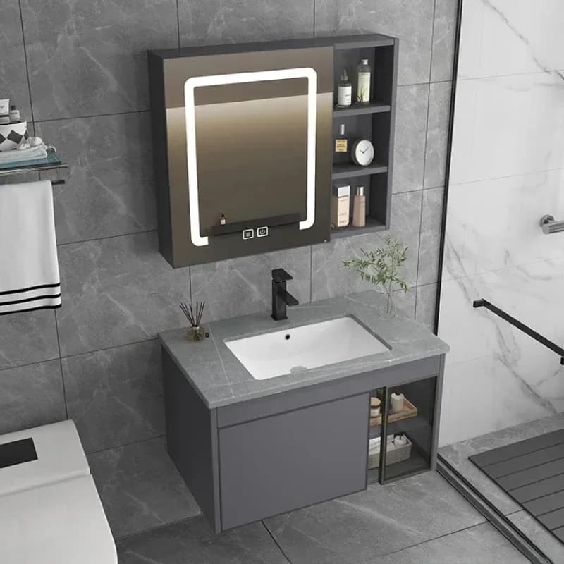 Mobile Bagno Moderno con Specchio e Mensole, Lavabo, Toeletta e Cassettiera, Stile Nordico, Arredamento per Bagno e Camera