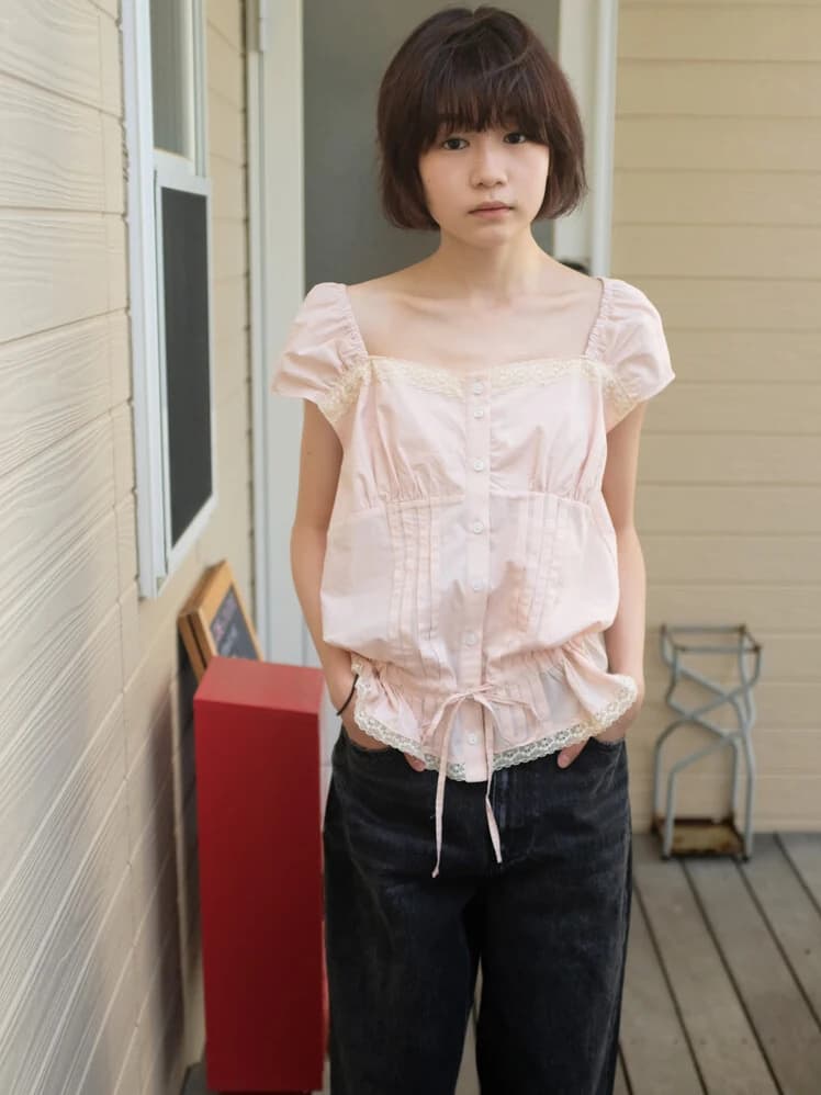 Women's ort Sve irt Lace Trim Belted Waist Slimming Design Summer Sle Top Loose Fit Regular Length Color