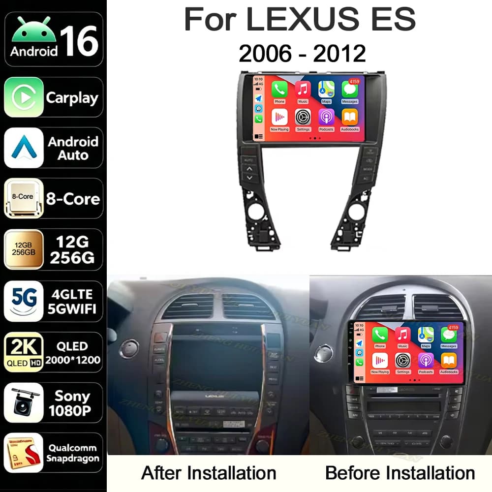 Android 16 Carplay Auto Qualcomm 2K QLED Screen Car Radio Player For LEXUS ES 2006-2012 GPS 4G Stereo WIFI Multimedia 12G+256GB