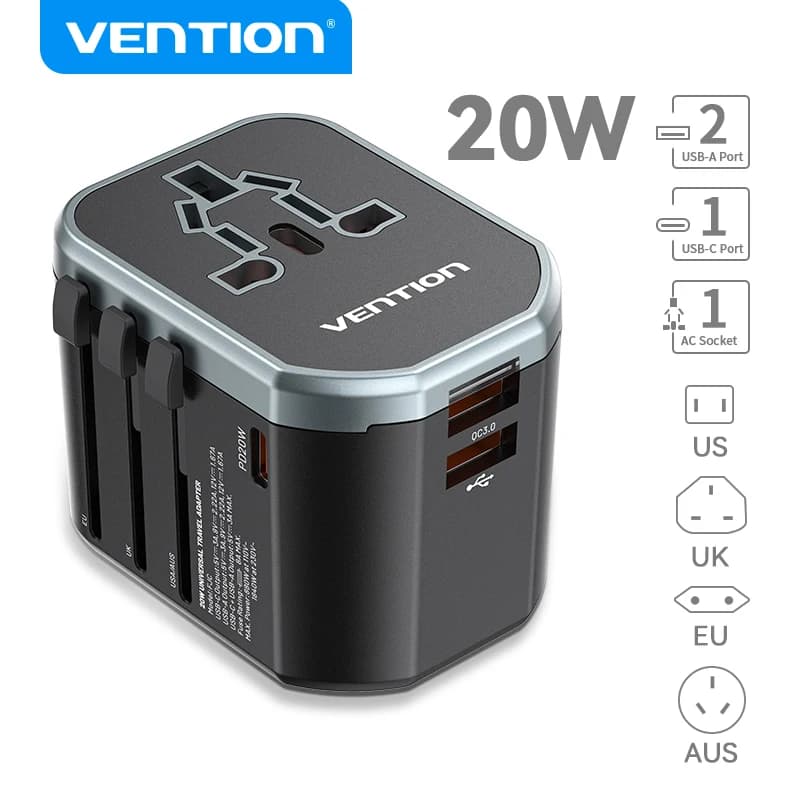 Vention Universal Travel Adapter PD 65W All in One Worldwide Travel Adapter Wall Charger AC Power Plug Adapter for USA EU AUS UK