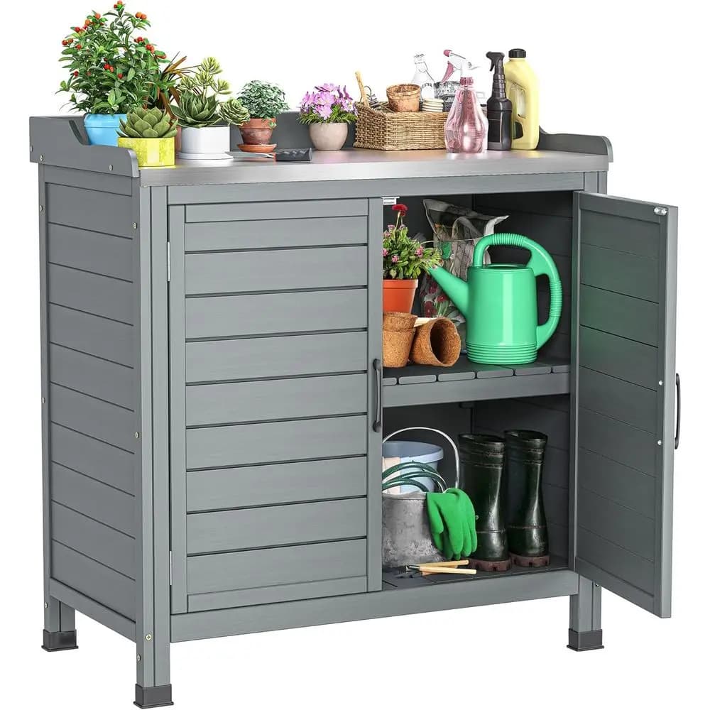 Gardening Bench for Exterior with Storage Cabinet, Workbench for Plants with Metal Plan and Removable shelf, Wooden Workbench