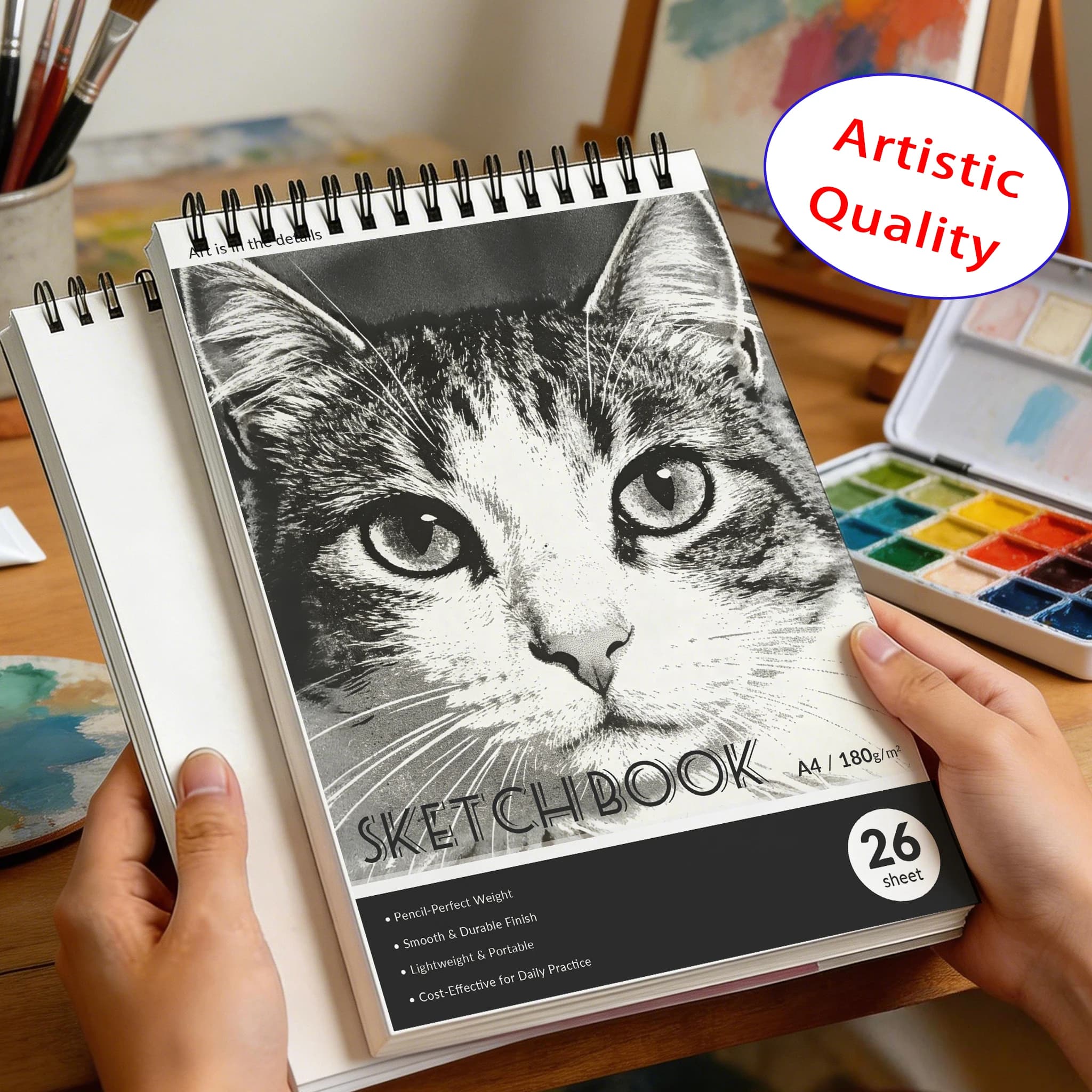 Lightweight Portable Sketchbook, A4/A5 180gsm, 26 Sheets, Spiral Bound with Tabby Cat Halftone Cover, Art Pad for Back to School