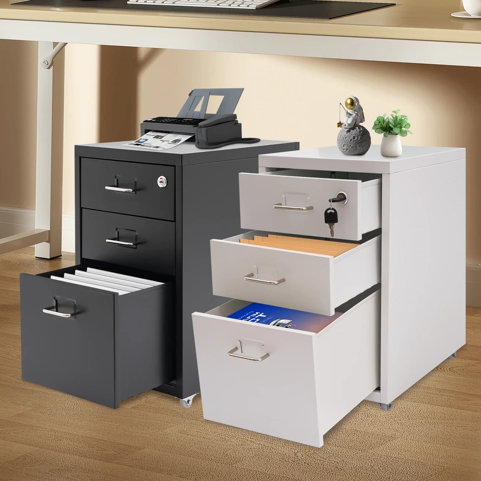 Armadietto Portadocumenti a 3 Ripiani in Metallo con Serratura e Ruote, Organizzatore Mobile per Ufficio e Casa, Contenitore in Acciaio Laminato a Freddo
