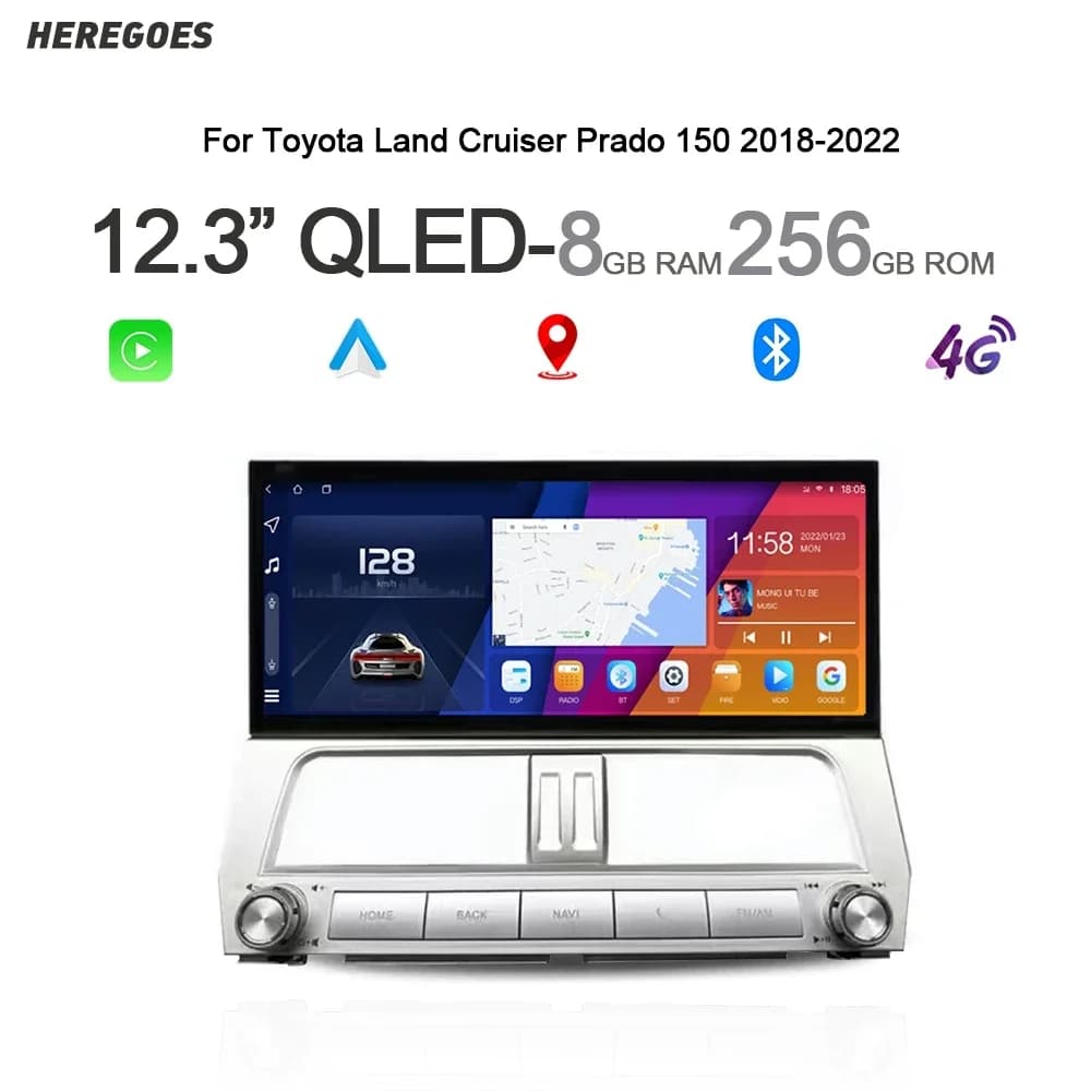 12.3" QLED Android 14 8GB Car Radio For Toyota Land Cruiser Prado 150 2018-2023 Navigation Stereo GPS Wifi Bluetooth Multimedia
