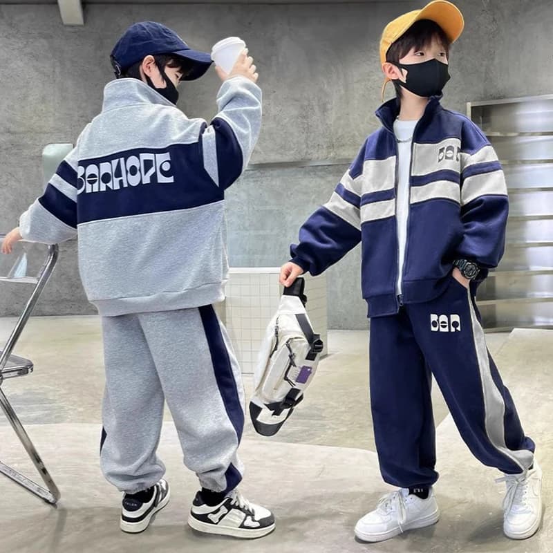 Moda Ragazzi Abbigliamento Set Primavera Autunno Patchwork Cappotto con cerniera Pantaloni 2 pezzi per 4-12 anni Tute per bambini Adolescente Abiti casual