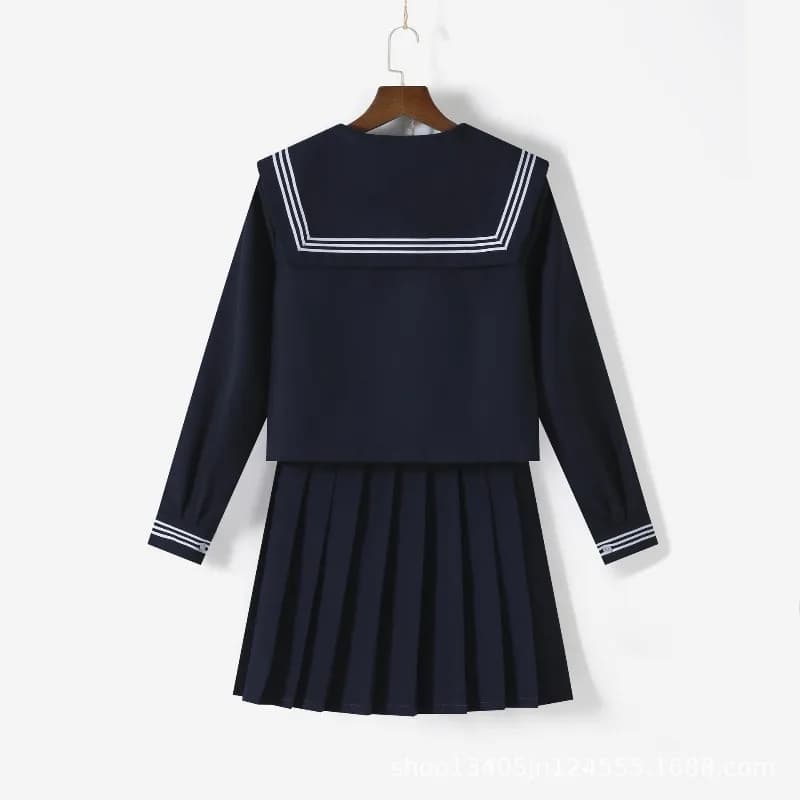 Uniforme JK Autentica, Gonna Plissettata Blu Navy con Tre Strisce Bianche, Abito Scolastico Stile Marinaio
