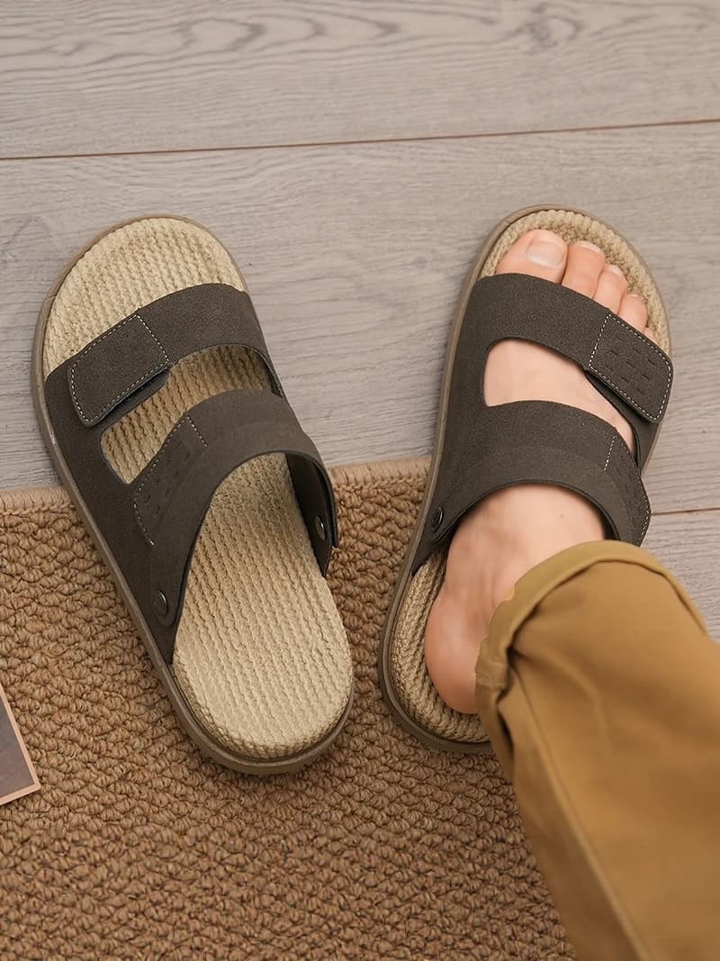 Birkent Men's Summer Outdoor Casual Beach Sandals Anti-Slip Lightweight Woven Linen Thick Bottom Wear-Resistant Slip-On Shoes