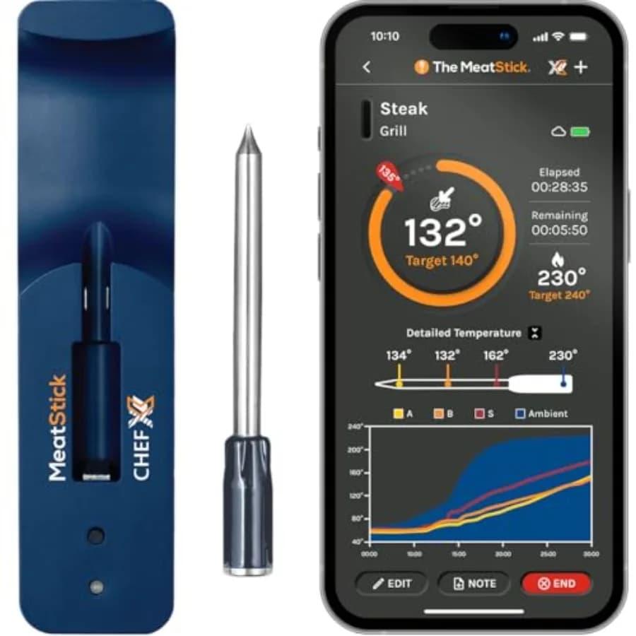 ChefX Wireless MeatStick - Smart Meat Thermometer with 4 Bluetooth Sensors for Grilling and Smoke, 650ft+ Range