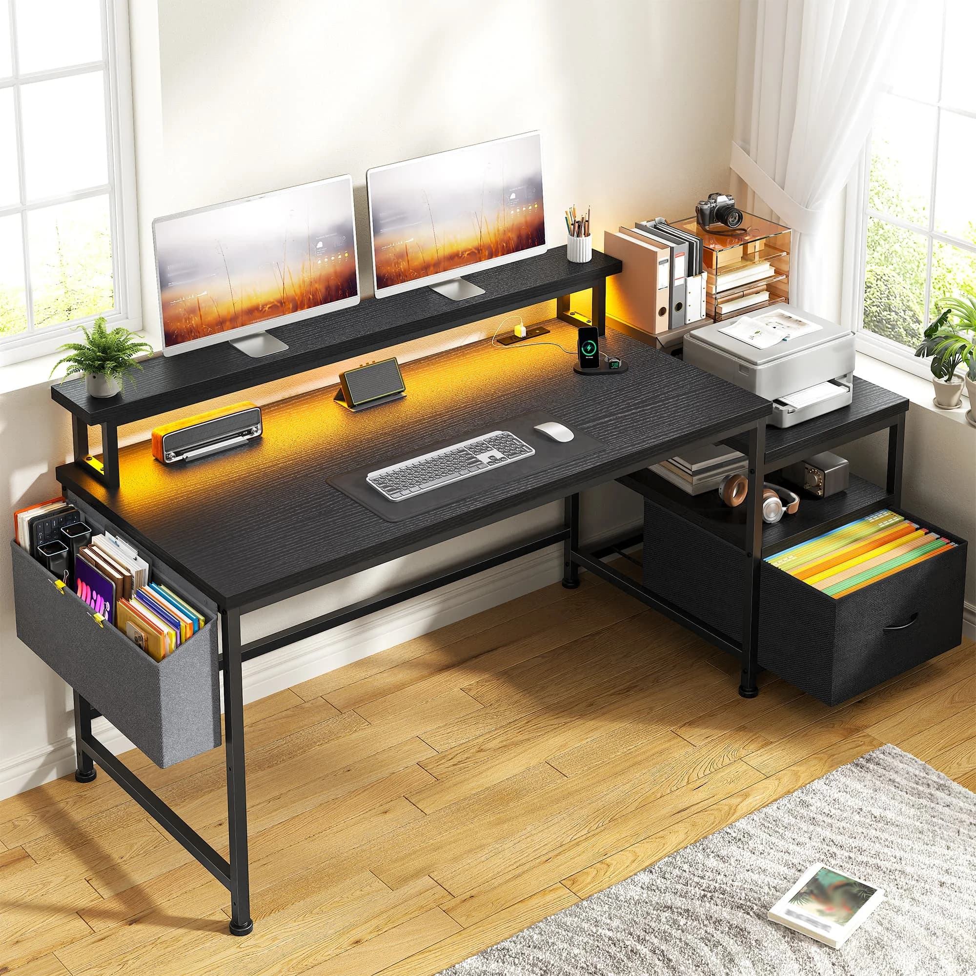 EnHomee Computer Desk with Drawers, LED Lights & Power Outlets, 57 Inch Multifunctional Office Desk with Printer Shelf, Monitor Stand and Side Storage Bag, Stable Corner Gaming Table for Home Dormitory
