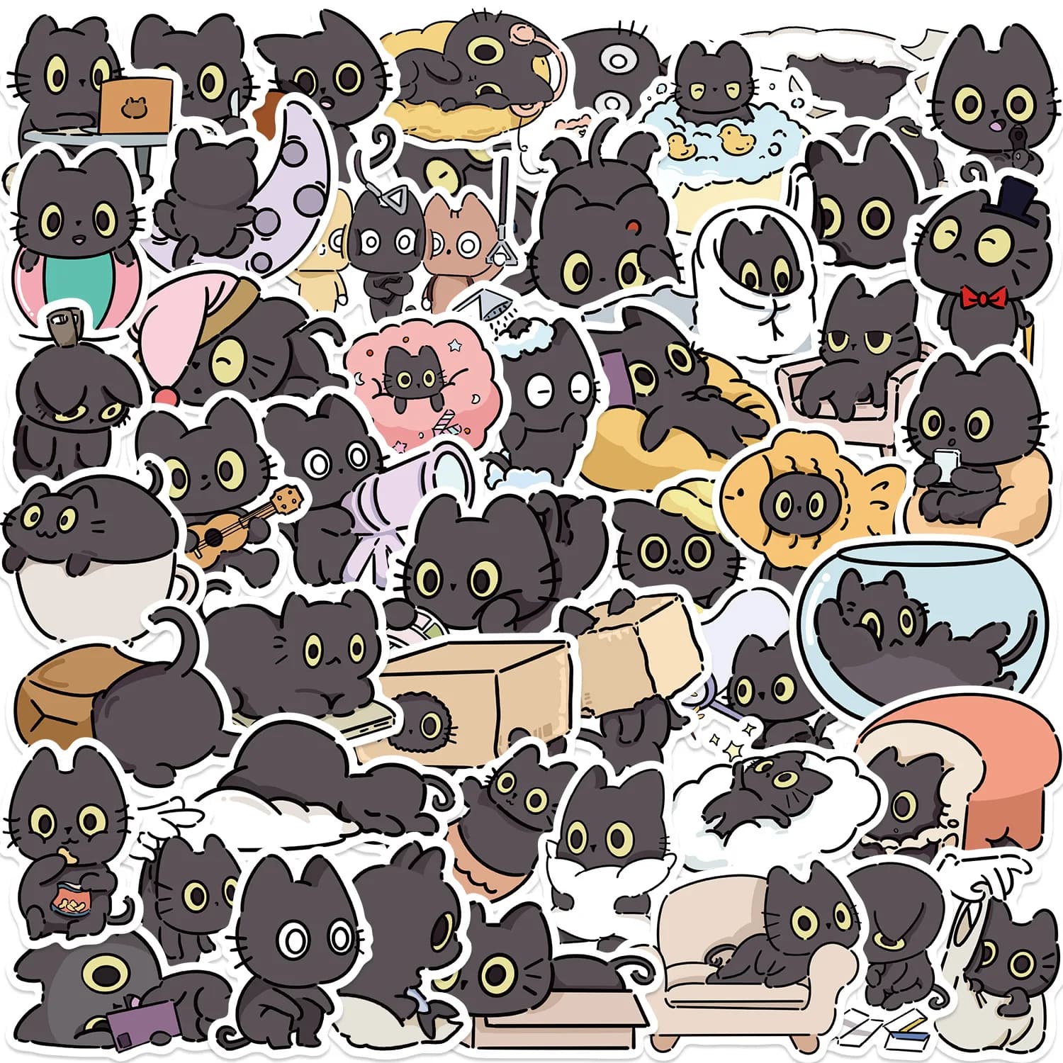 50Pcs little black cat Stickers for Decoration Water Bottle Bike Skateboard Luggage Toy Snowboard Helmet motorcycle Gifts