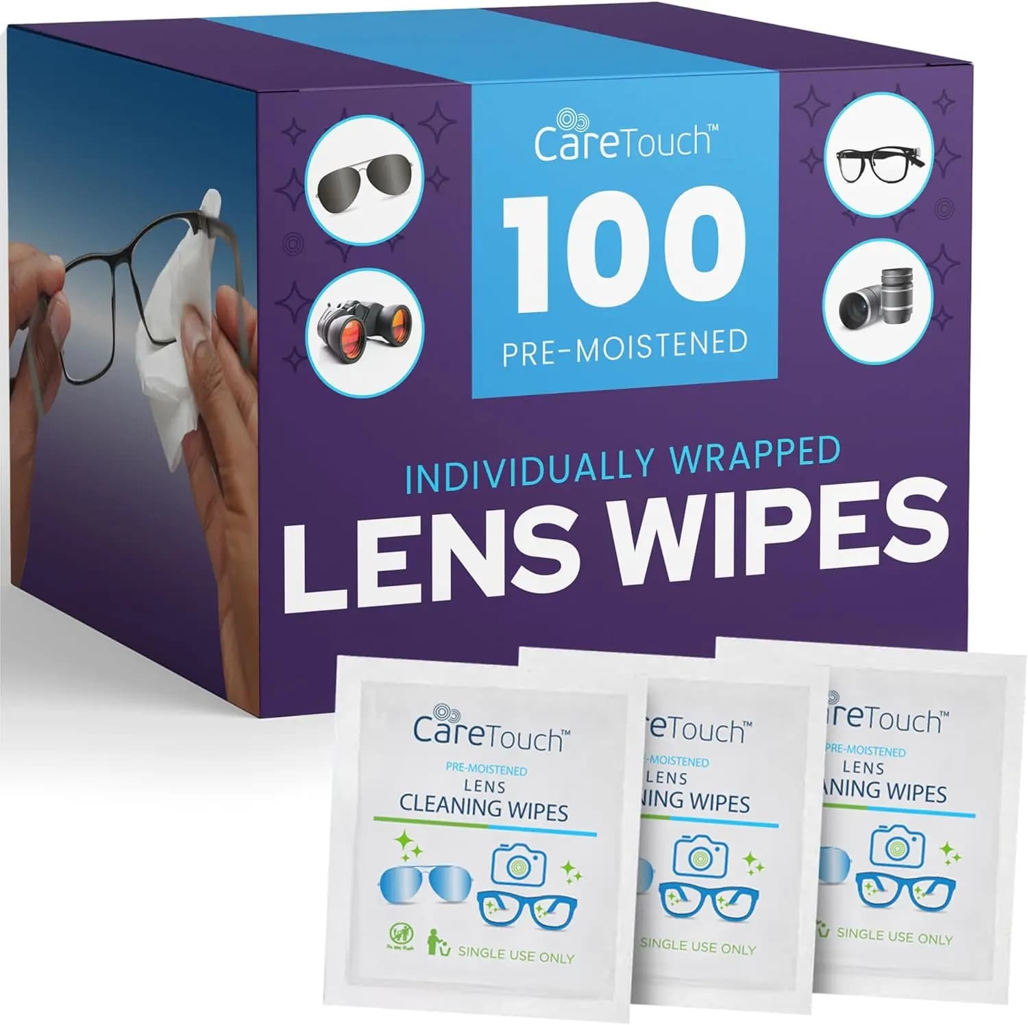 Salviette per lenti Care Touch per occhiali - Confezione da 100 salviette pre-umidificate confezionate singolarmente, 5 x 6 pollici - Detergente per lenti di fotocamere, occhiali da sole e occhiali, delicato e portatile per la pulizia di dispositivi ottici