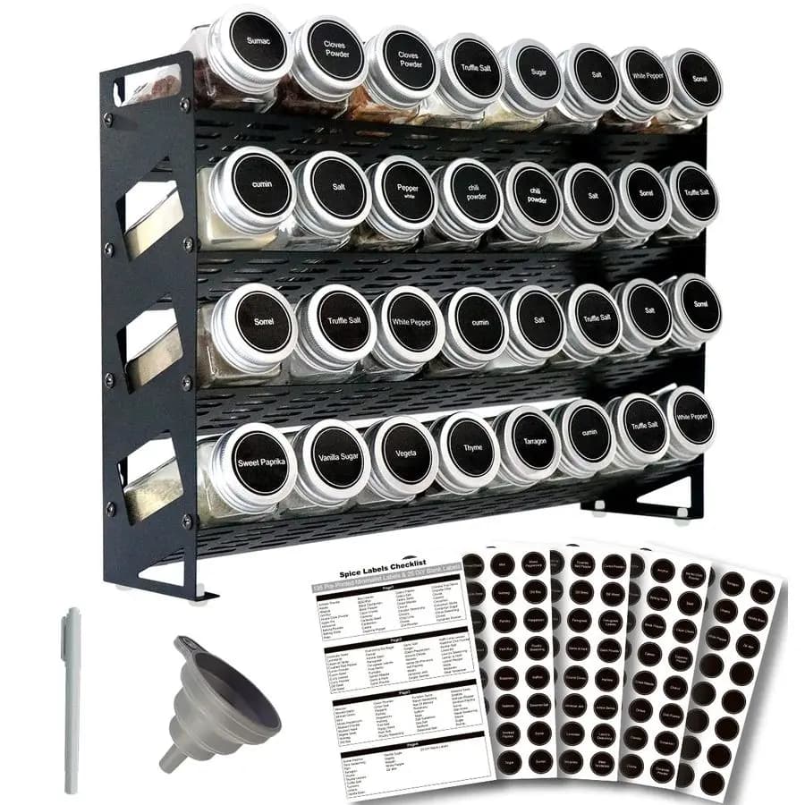 Organizzatore per portaspezie a livello con 32 barattoli di spezie quadrati e set di 160 etichette per spezie per dispensa da appoggio per armadio da cucina o montaggio a parete