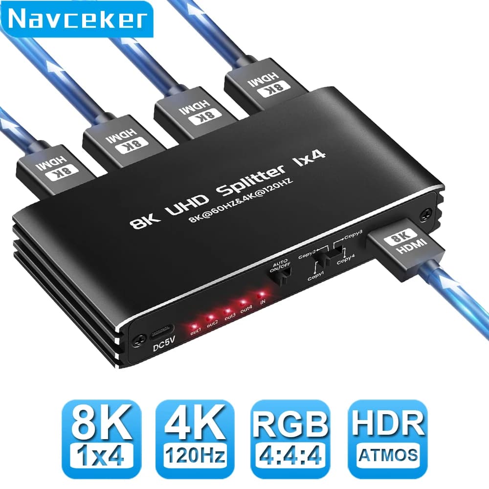 Navceker 8K 60Hz Splitter HDMI 4 uscite 4K 120Hz HDR HDMI 2.1 Splitter 1 in 4 out Schermi per computer PS5 Xbox Apple TV