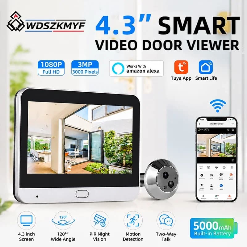 3MP WiFi Tuya Smart Digital Peephole Door Camera 4.3 Inch Display 5000mAh PIR Motion Alarm Two-Way Talk Video Doorbell For Alexa