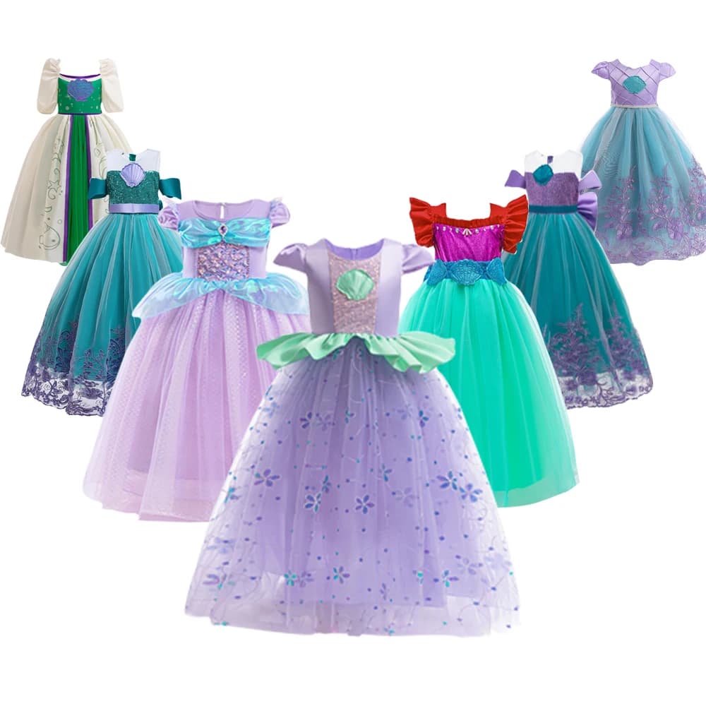 Sirenetta Ariel Costumi da principessa Giovani ragazze Abito viola Bambini Cosplay Abito di carnevale Compleanno Tutu Abiti Estate Nuovo abbigliamento