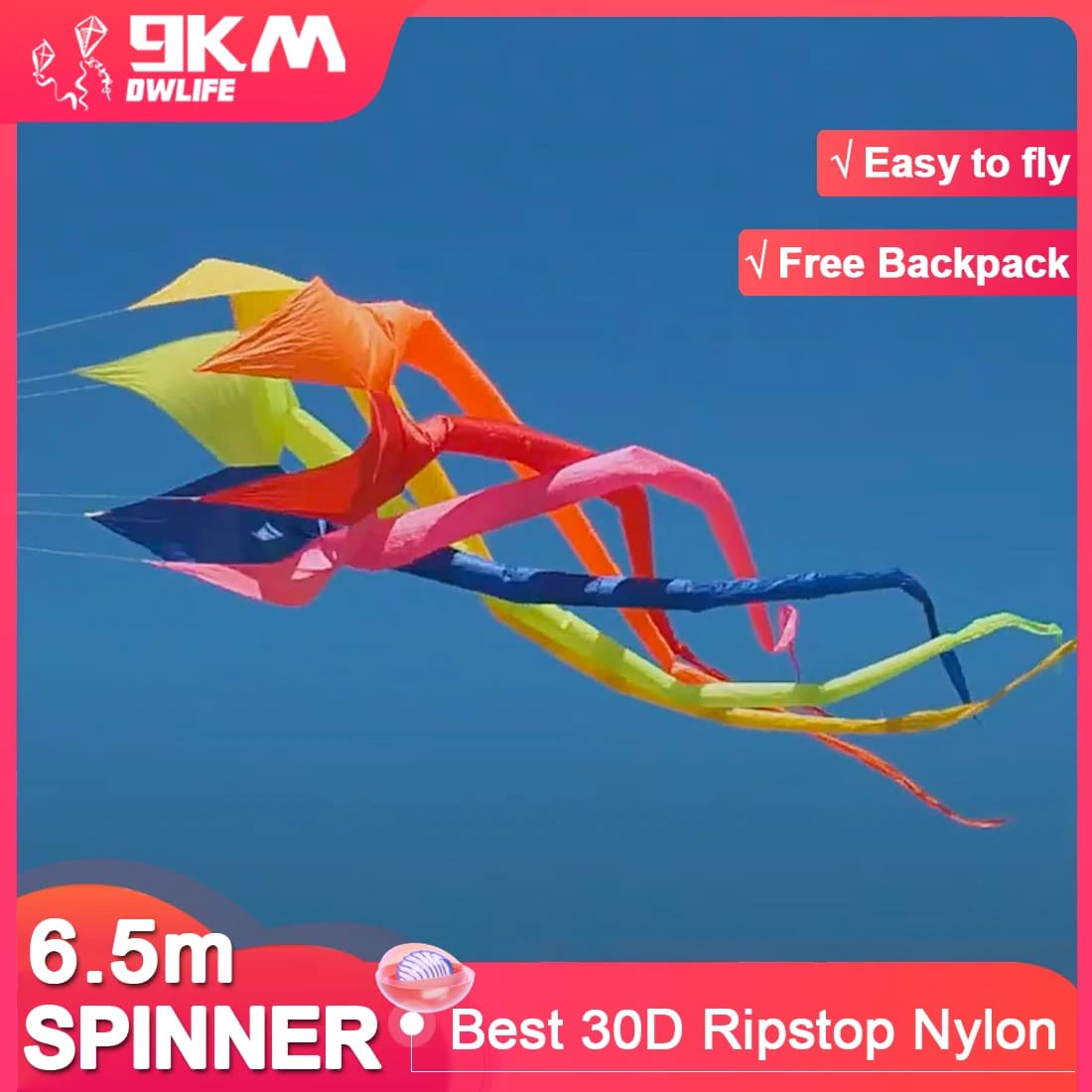 9KM 6.5m Spinner Kite Tails Ripstop Nylon Fabric Line Laundry Kite Pendant Soft Inflatable Large Professional Kite for Adults