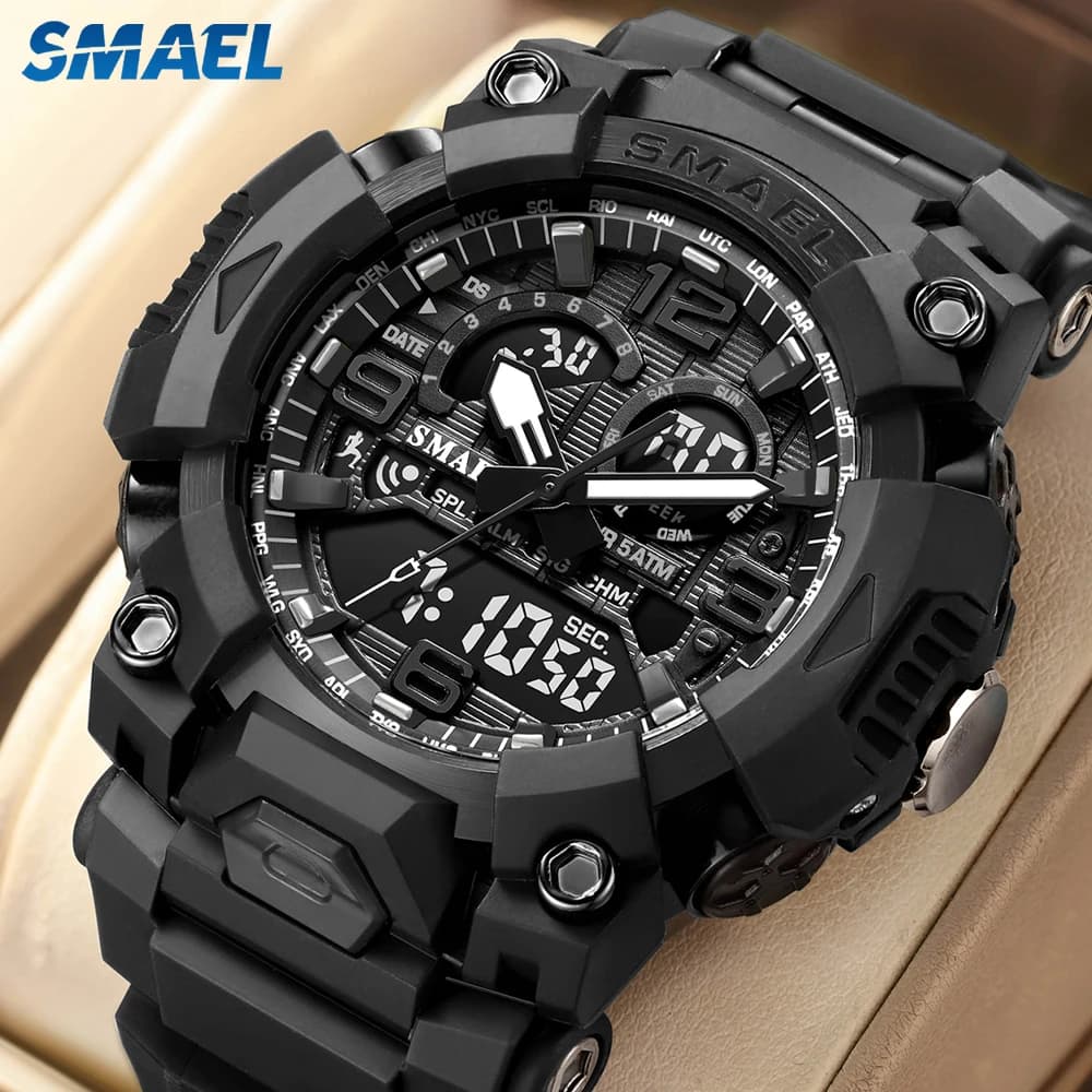 New SMAEL Luxury Men Sports Wrist Watches Silicone Strap Quartz Waterproof Dual Display Clock Watches for Men Relogio Masculino