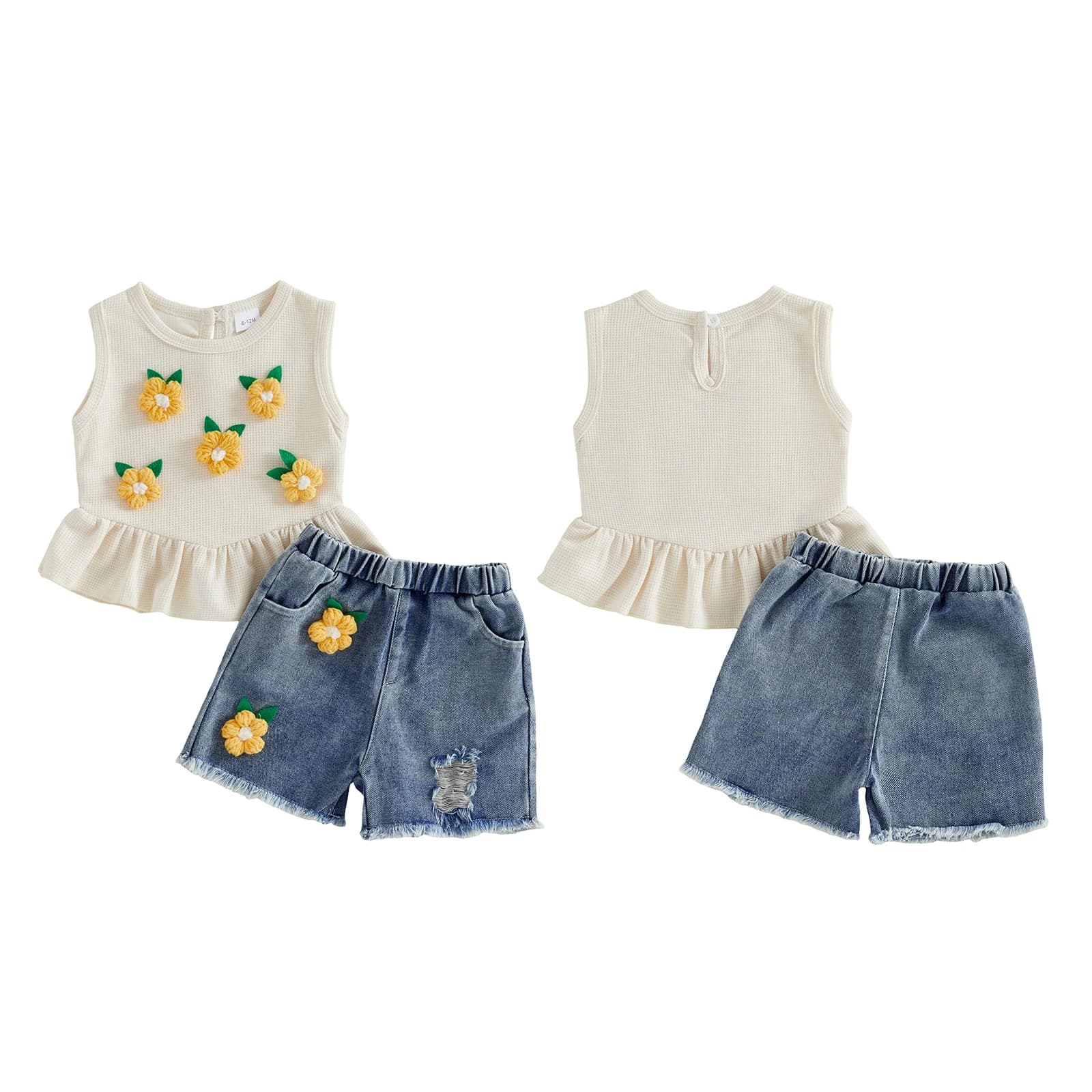 Completo da 2 pezzi per bambina, completo di abbigliamento alla moda con applicazioni floreali, top senza maniche con scollo tondo e pantaloncini in denim, set di abiti per neonati