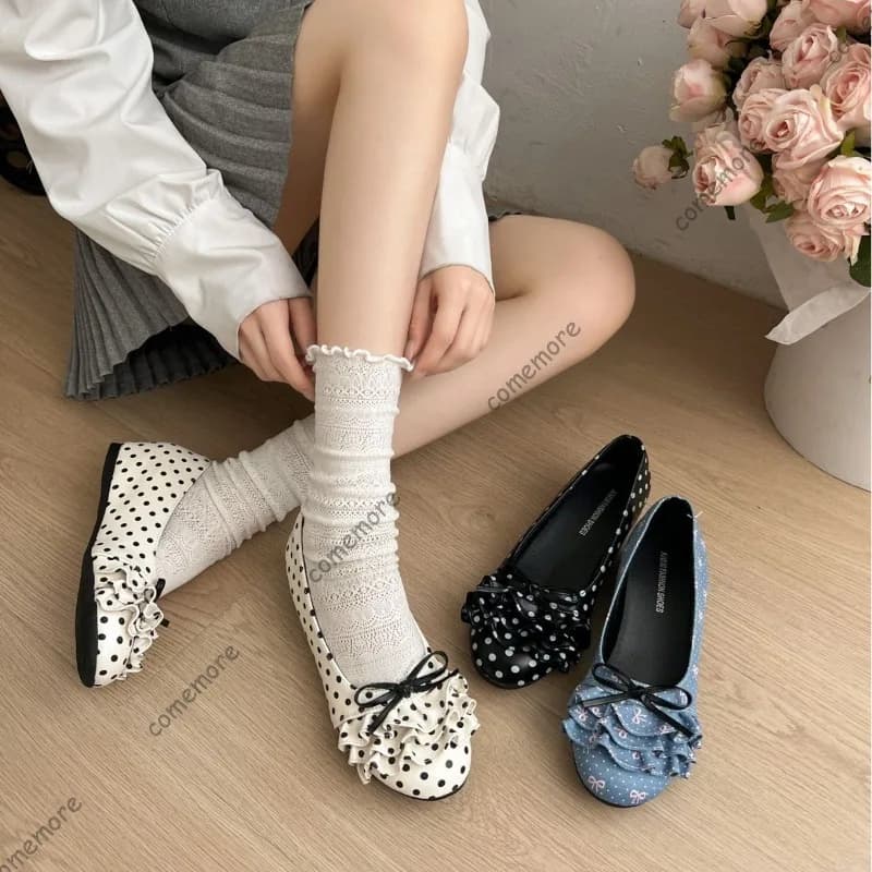 Ballerine con pois e fiocco a balze, punta tonda, slip-on, morbide, casual, eleganti per la moda femminile