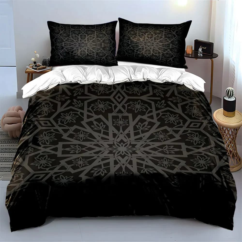 Set di biancheria da letto con motivo floreale arabo, 3 pezzi, copripiumino con stampa artistica geometrica simmetrica in nero e grigio, stile etnico