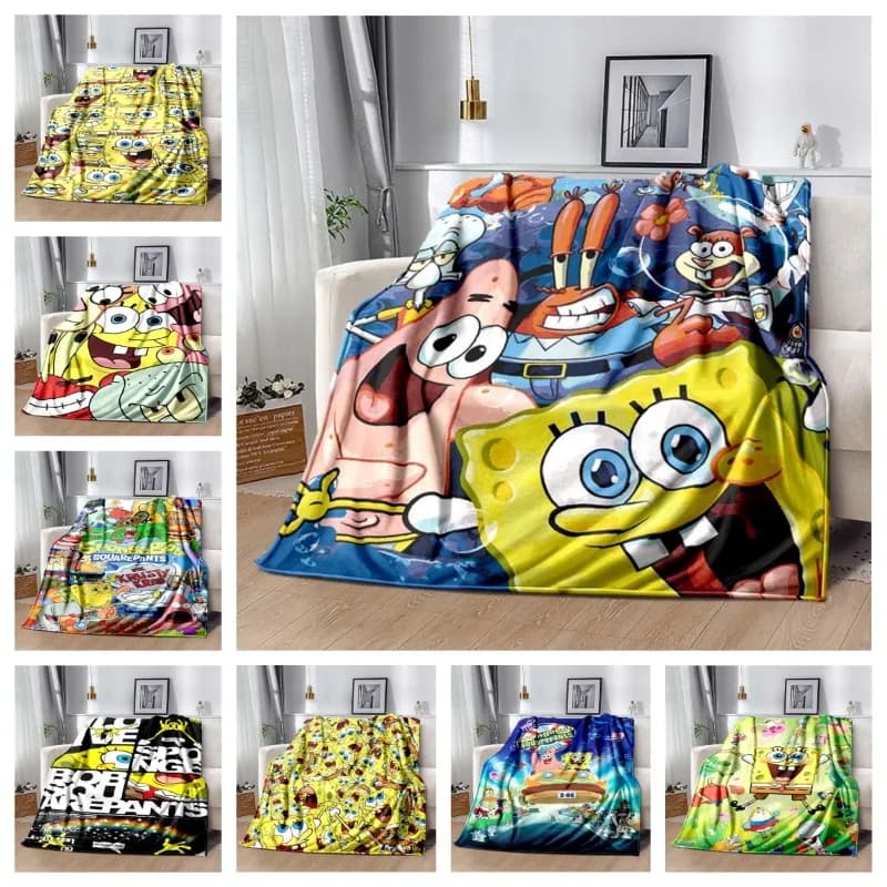 Sponge‑Bob Cartoon Print Flannel Blanket Soft Warm Throw For Kids Bedroom Sofa Indoor Home Decor Children Birthday Holiday Gift
