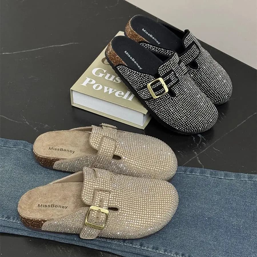 Mules da donna slip-on con strass stile francese, a punta chiusa, casual e versatili, per esterno, Primavera Autunno 2026