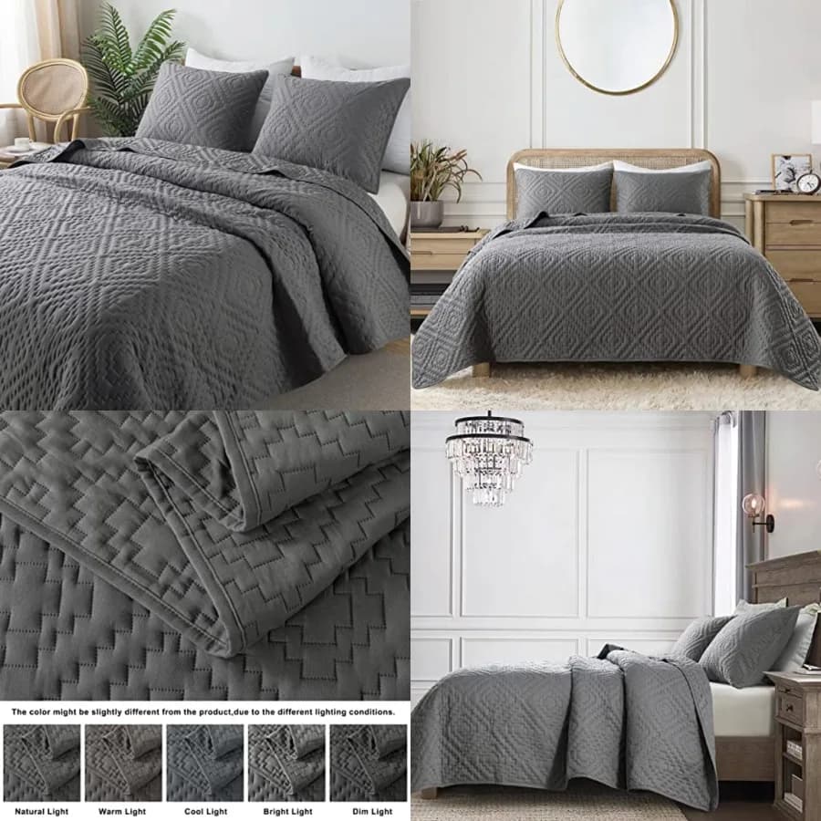 Set di biancheria da letto trapuntata grigio scuro con federe, copriletto leggero e morbido in stile boho, coperta trapuntata sottile e confortevole